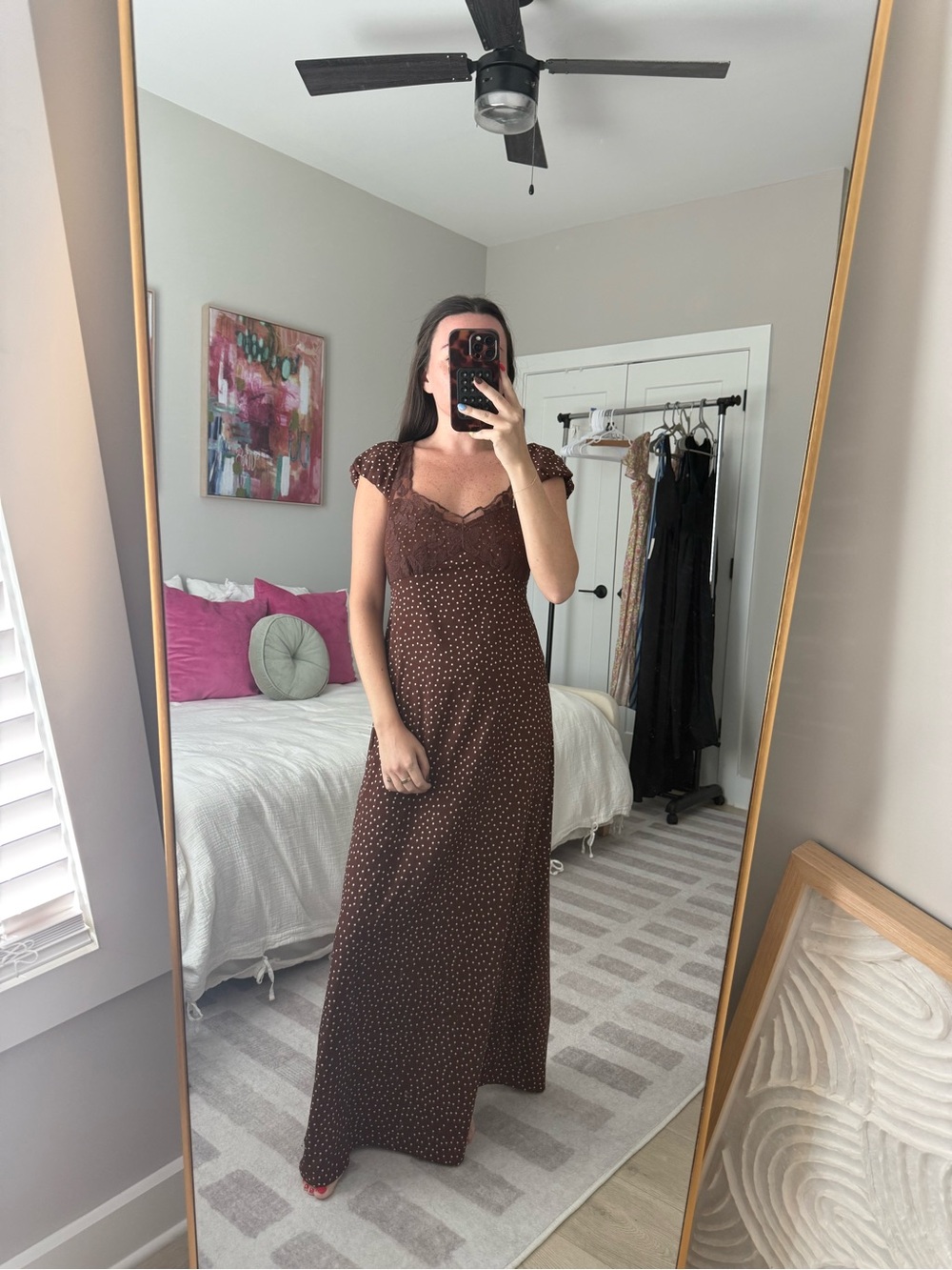 Brown Polka Dot Maxi Dress - Women's Fall Dress
